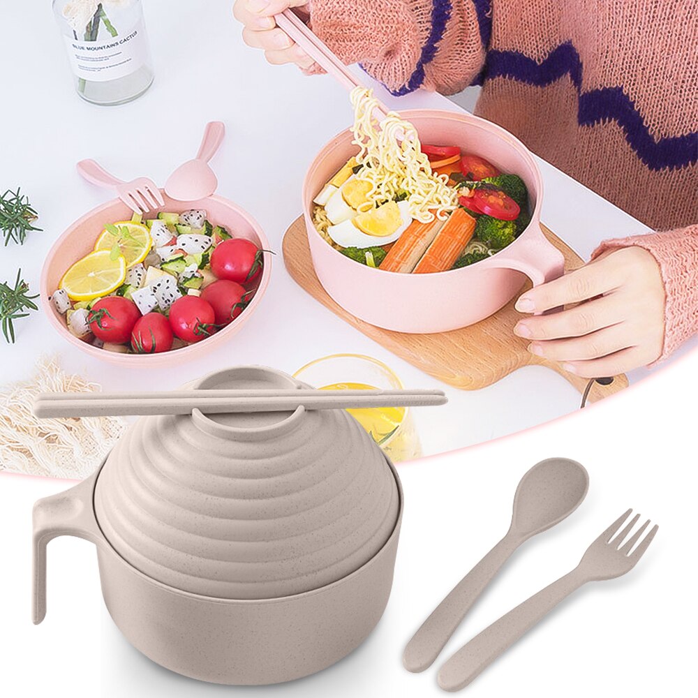 Ramen bol à nouilles instantanées avec poignée de couvercle, paille de blé , ensemble de couverts de cuisine, soupe salade riz bol micro-ondes: beige