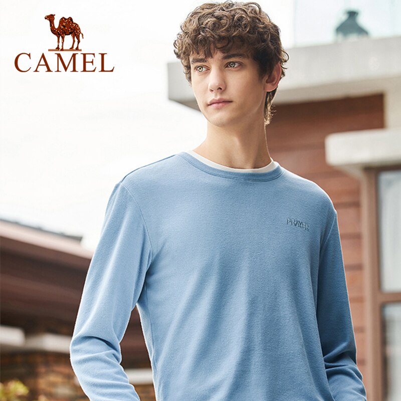CAMEL odzież męska jesień nowy okrągły dekolt z długimi rękawami T-shirt męski aksamitny ciepły płaszcz podstawowy