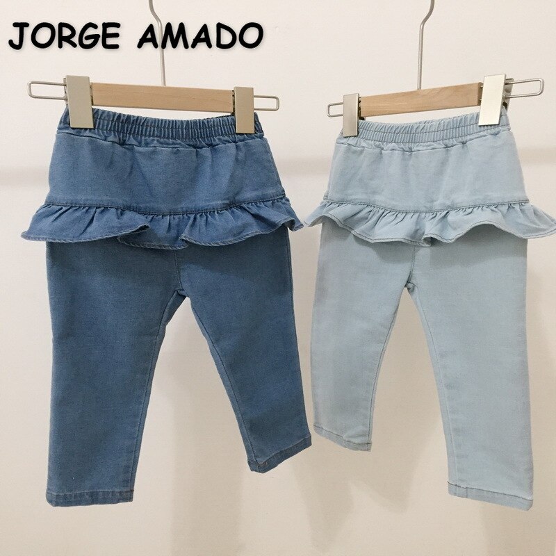 Jupe-pantalon en jean pour adolescentes, couleur unie, taille élastique à volants, printemps , E20631
