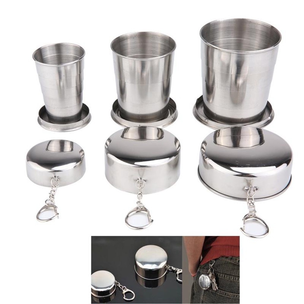 Huishoudelijke 60ml 150ml 250ml Roestvrij Staal Camping Vouwen Cup Draagbare Outdoor Reizen Demontabel Inklapbare Cup Met Sleutelhanger