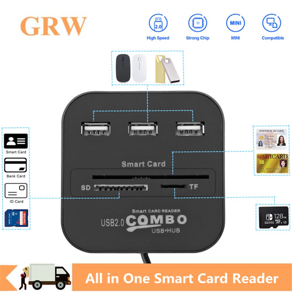 Grwibeou All In 1 Usb Sim Smart Kaartlezer Voor Bankkaart Ic/Id Emv Sd Tf 3USB Hub mmc USB-CCID Iso 7816 Cacdnieatm Ic Sim Sd Tf