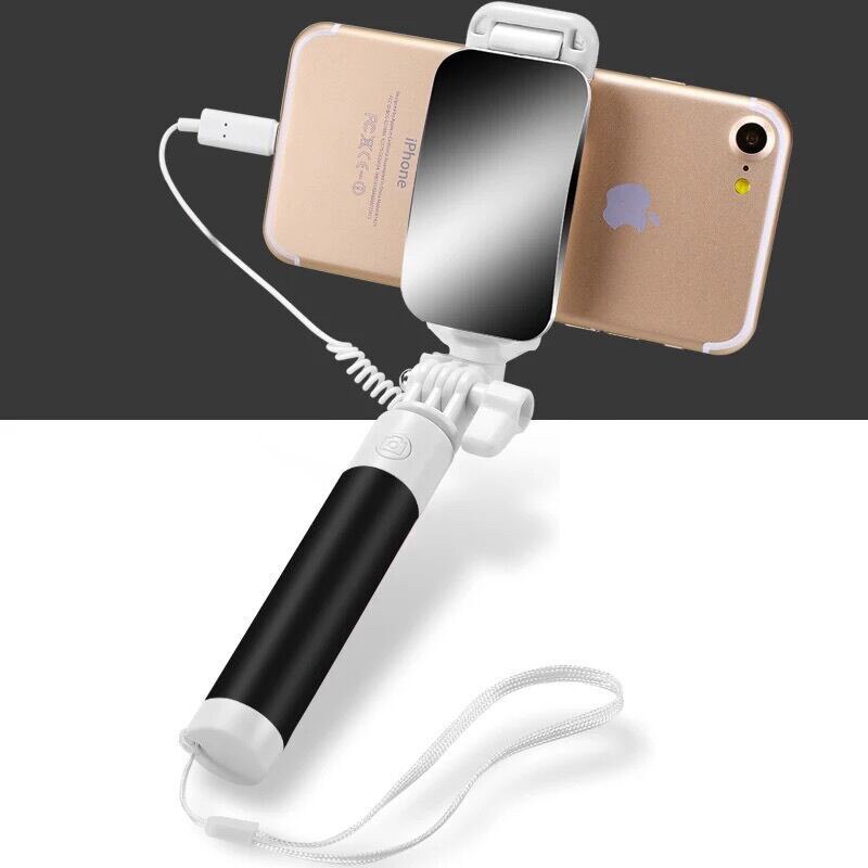 Mini Uitschuifbare Bedrade Selfie Sticks voor Iphone X Xs Max Xr Kabel Spiegel Autodyne Artefact voor IPhone 6 6S 7 8 Plus Selfie Stok: BK