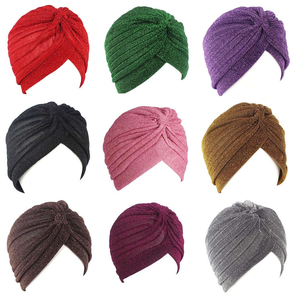 Snoet turban kasket kvinder mænd skinnende muslim hijab kvinde guld sølv glitter hovedtørklæde afslappet ensfarvet indisk hat