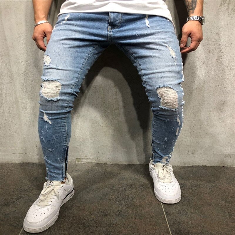 Men Stretchy Ripped Skinny Destroyed Jeans Taped Patch Slim Denim Blue Jean Pants Side Strip Slim Fitn Korean Men Ripped Jeans