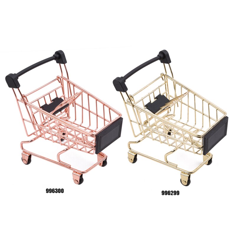 Storage Basket Simulation Mini Shopping Cart Supermarket Trolley Debris Storage Boxs Mini Supermarket Handcart Toy: Rose golden