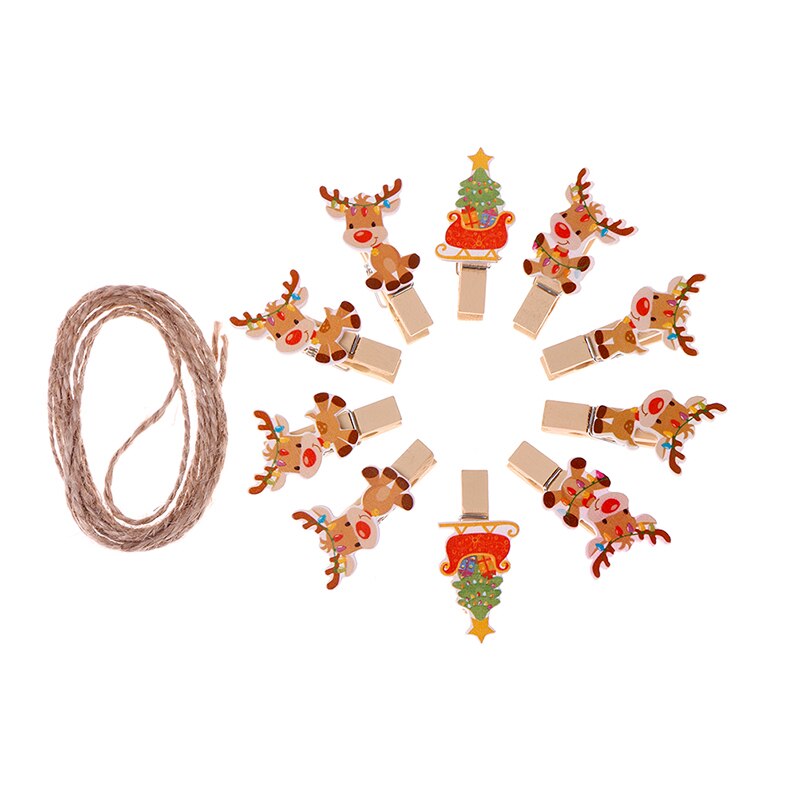 10Pcs/set Red Christmas Santa Claus Wood Clips Mini Wooden Clothes Photo Paper Peg Pin Clothespin Craft Clips With Rope