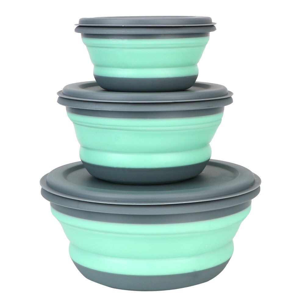 Foldable Salad Bowl Folding Lunch Box Tableware Set Bowl Sets with Lid Food Container 3Pcs/Set Portable Folding Bowl Silicone: Green