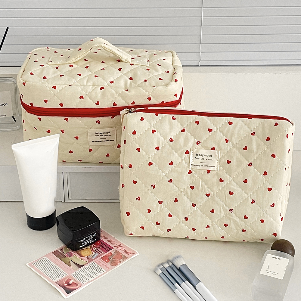 Ins Heart Women Quilting Makeup Bag Large Capacity Toiletry Cosmetic Storage Pouch Handbag Ladies Zipper Makeup Bag