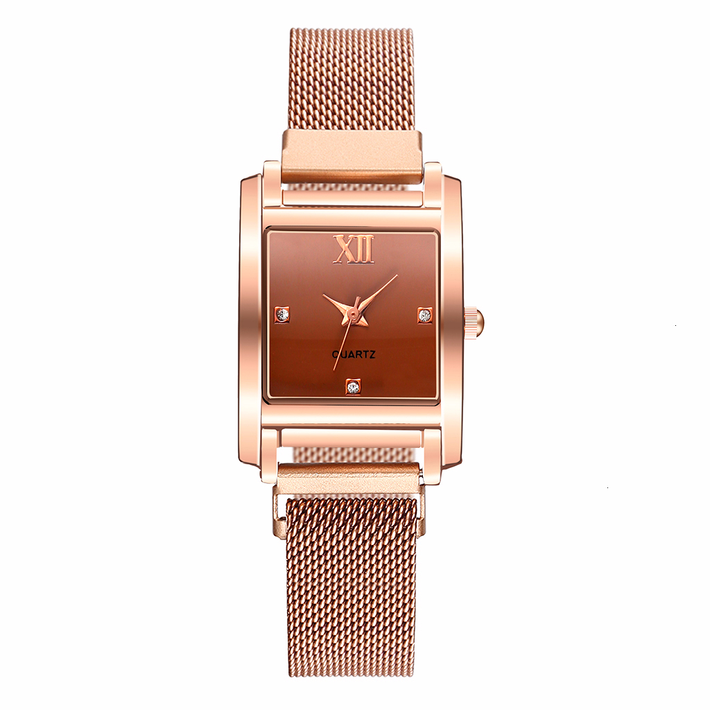 Vrouwen Vierkante Case Vorm Roma Dimond Dial Horloge Luxe Dames Magneet Gesp Band Quartz Horloges Voor Klok: rose gold