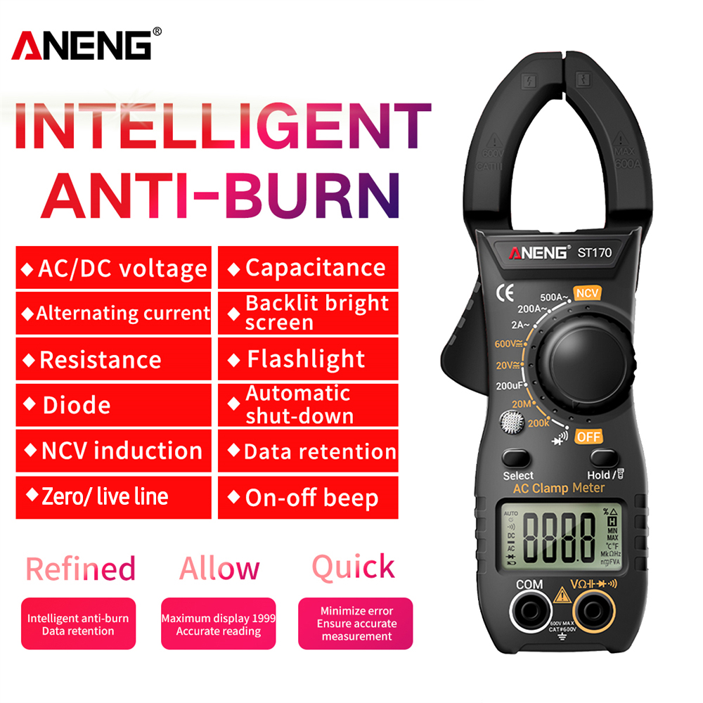 ANENG ST170 Smart Clamp Meter 1999 Counts Auto-ranging Digital Multimeter LCD Screen AC DC Voltage AC Current Tester