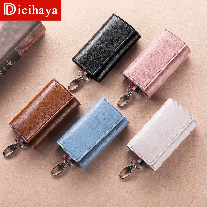 DICIHAYA PU Leather Man Women Key Wallet Short Square Retro ID Card Holder Hasp Vintage Multi-function Car Key Chain Fold Wallet