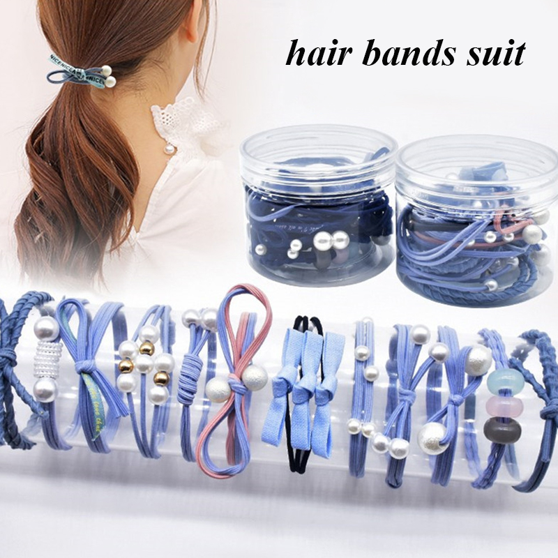 12Ps/Set Elastic Hair Bands For Hair Tie Blue Pink Women Girls Korean Flower Pearl Hair Bands Ponytail Holder Hair Accessories