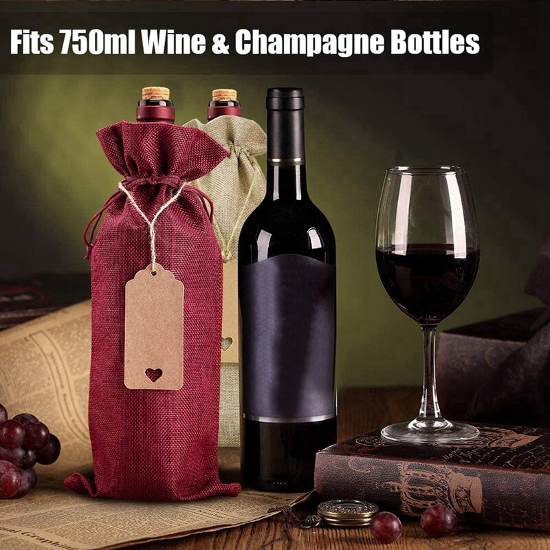 Aa99 -12 stk. vinposer med burlap -vin, poser med vinflasker med snore, mærker og reb, vinflasker