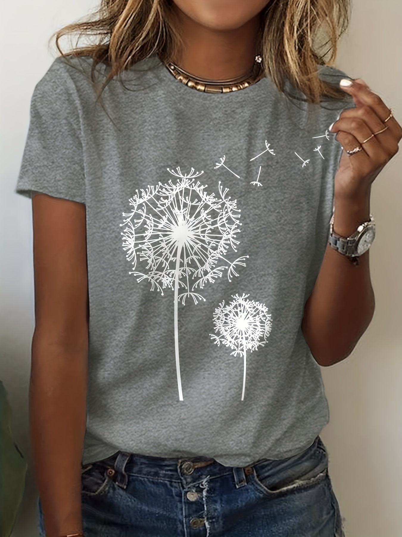 Dandelion Print Crew Neck T-Shirt, Casual Short Sleeve Top For Spring & Summer, Women's Clothing: XXL / GRAY