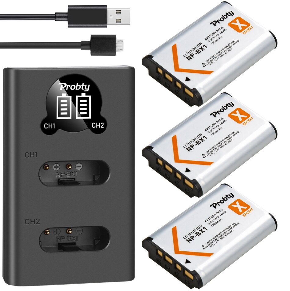 Batería y cargador USB LED para ordenador portátil, dispositivo de carga de 1800mAh NP-BX1 NP BX1 Bx1 con tipo C para Sony DSC-RX100 WX500 HX300 WX300 AS30V AS300 M3 M2 HX60: 3BatteryWith1Charger