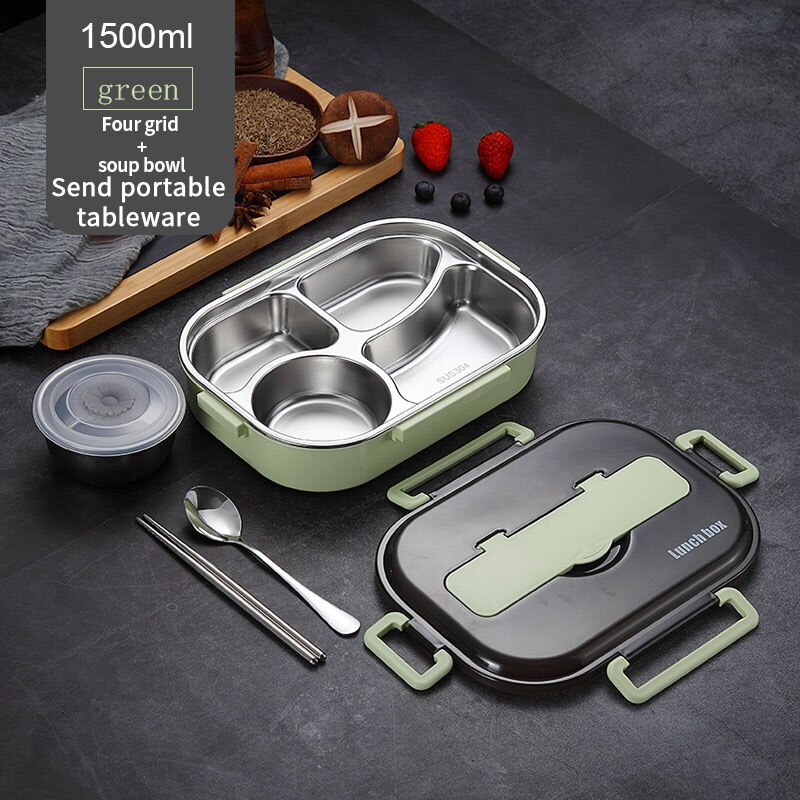 WORTHBUY Japanese Kids Lunch Box With Tableware Bowl 304 Stainless Steel Food Container With Compartments Microwave Bento Box: Green
