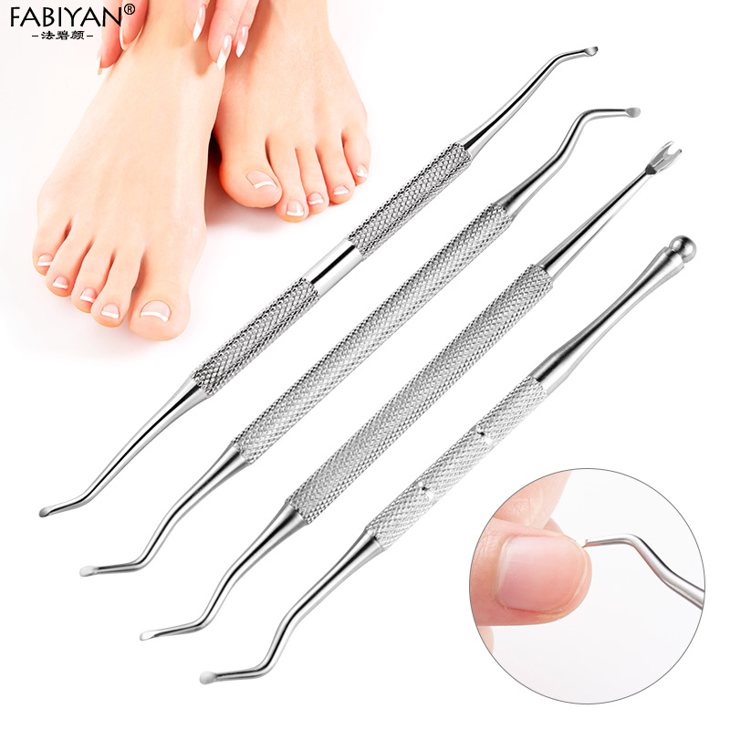 Ustensile de pédicure pour le soin des pieds, accessoire à double embout pour le nettoyage des ongles incarnés, avec crochet décapant et poussoir de cuticule, manche avec cannelure en acier inoxydable,