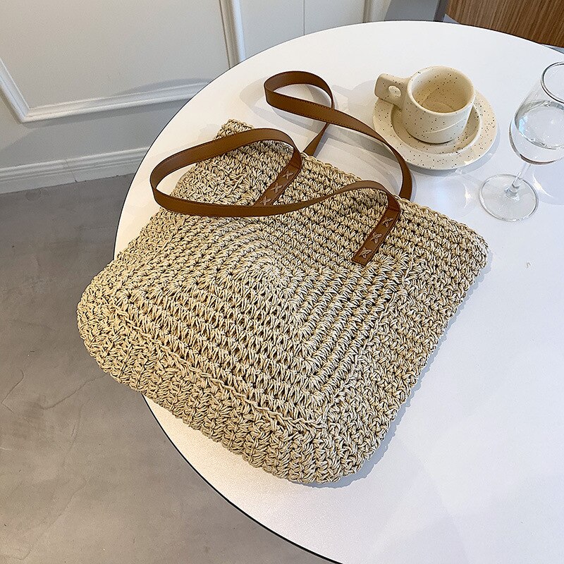 Vierkante Stro Strandtas Handgemaakte Geweven Schoudertas Vrouwen Raffia Shopper Reistas Bohemian Zomervakantie Casual Handtas Totes