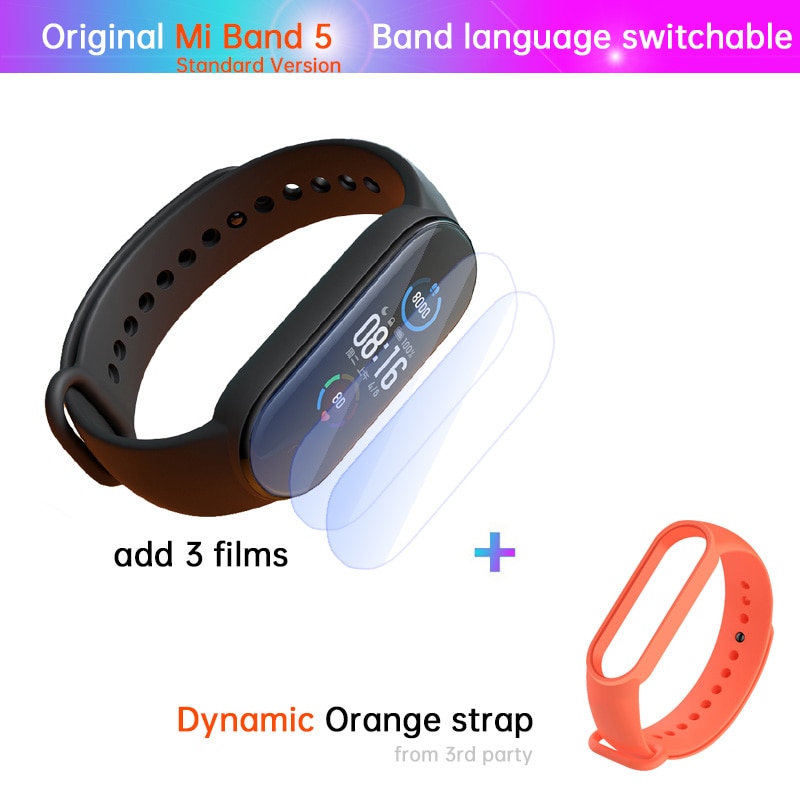 Xiaomi-Pulsera Mi Band 5 de fitness, reloj con monitor deportivo del ritmo cardíaco las 24 horas, carga magnética, sueño REM, siesta, pasos, natación, alarma de recordatorio,: STD n film orange