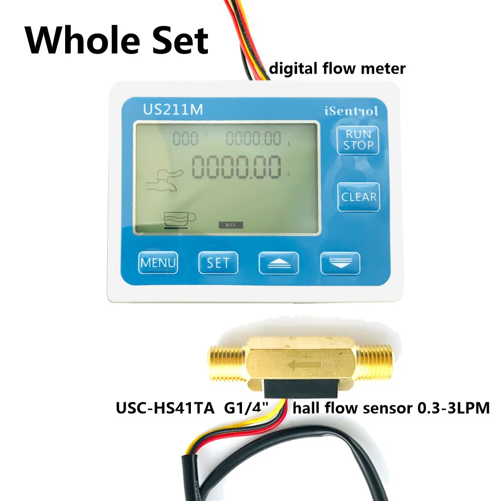 US211M Digital Flow meter Display with USC-HS41TA Brass Flow Meter Totalizer Flow Measurement 0.3-3.5L/min Range G1/4" thread