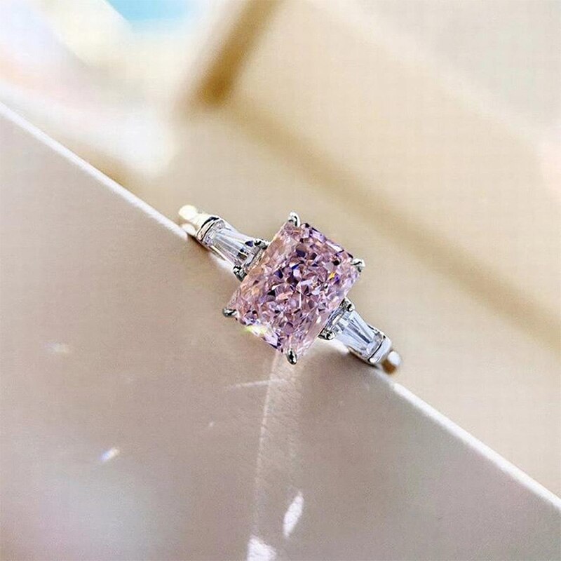 Prachtige Vierkante Roze Crystal Zirconia Ring Voor Vrouwen Temperament Zoete Meisjes Verlovingsringen 2022 Trendy Bruiloft Sieraden