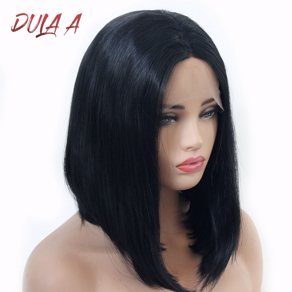 Dula EEN Steil Haar Synthetische Lace Front pruik Korte Bob Pruik 14 "T Deel Pruiken Voor Vrouwen Zwart Natuurlijke kleur