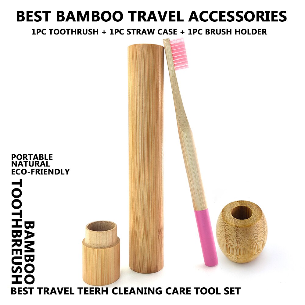 Colorful Column Bamboo Toothbrush Top Flat Portable Travel Set with Bamboo Tube Bamboo Case Natural Wooden Toothbrush Holder: Rose Red