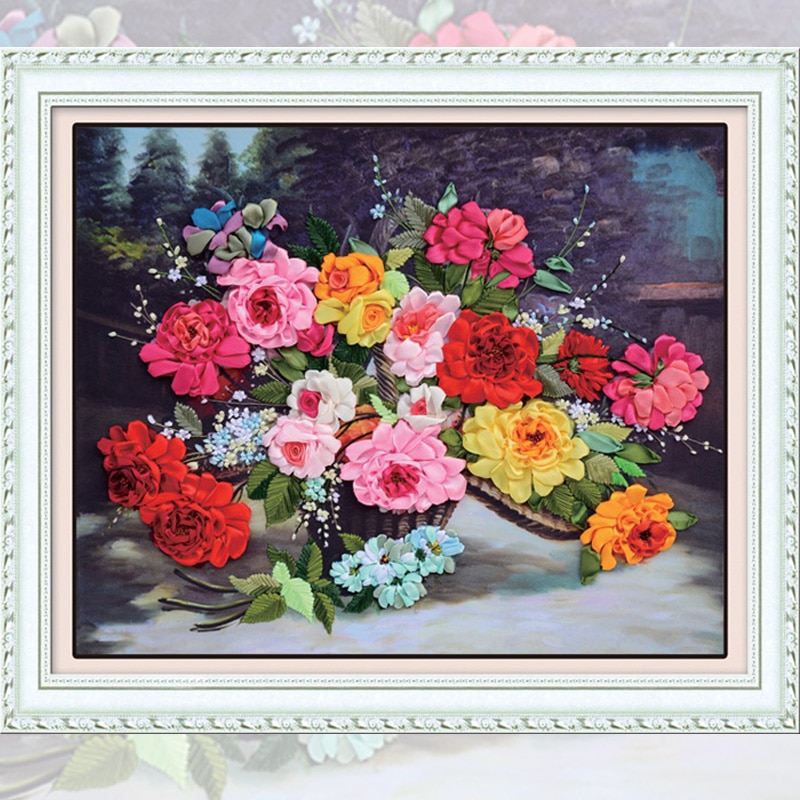 DIY Needlework Silk Ribbon Embroidery Floral Paintings kits 3D Cross Stitch Painting Sets Sewing Arts Crafts Decor C-0244