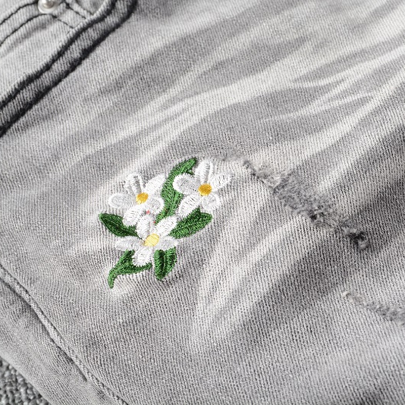 Jean stretch pour hommes, Streetwear brodé, slim, broderie ours en denim gris, pantalon extensible