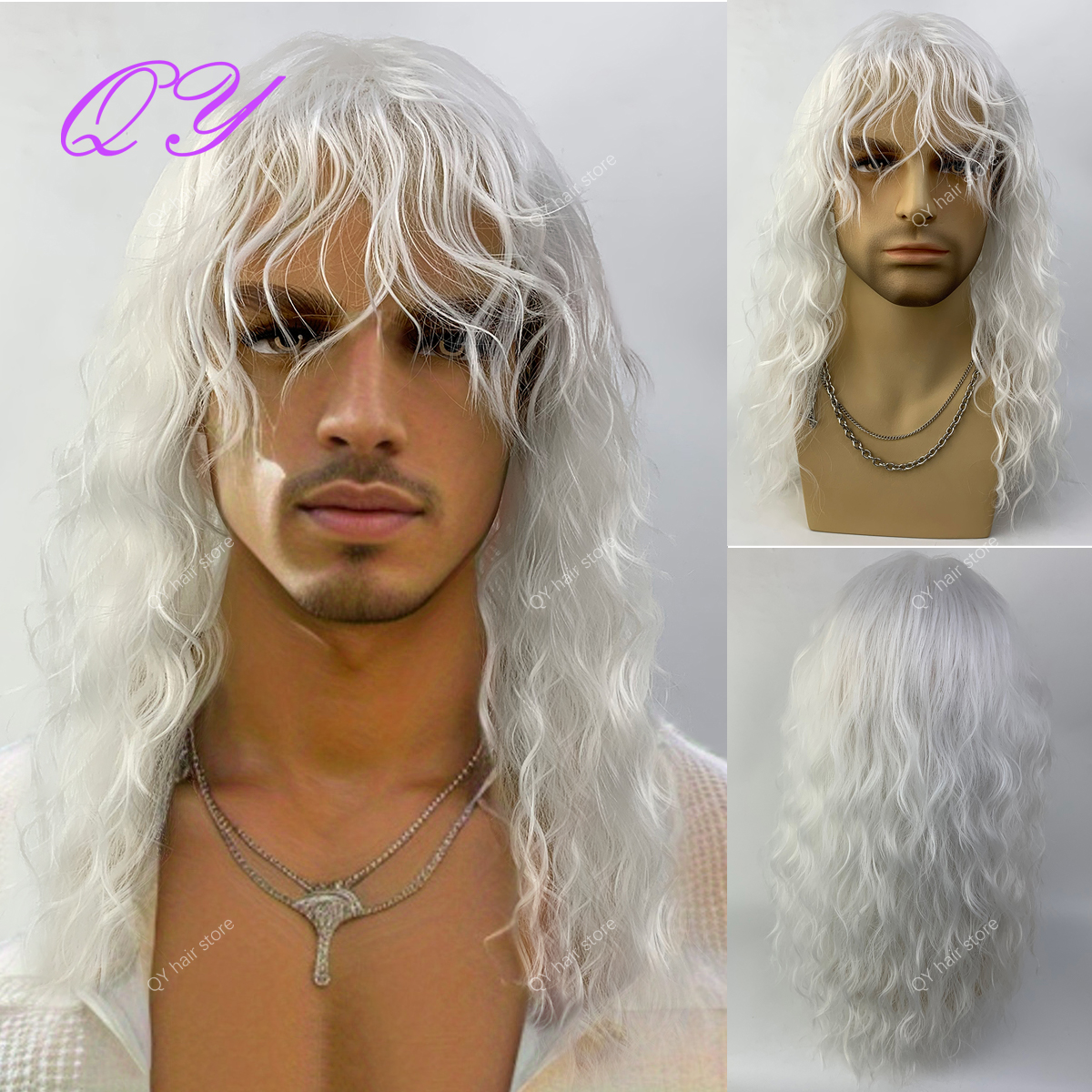 Peluca sintética para hombre, peluca larga marrón Natural rizada Rock Man con flequillo para o Cosplay, peluca de pelo masculino con ondas de agua ajustables: Blanco