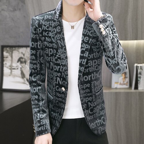 Złoty aksamit męskie nadrukowane litery marynarka Business Casual marynarka Slim garnitur kurtki luksusowe klub DJ ubrania sceniczne Terno Masculino: Gray / L