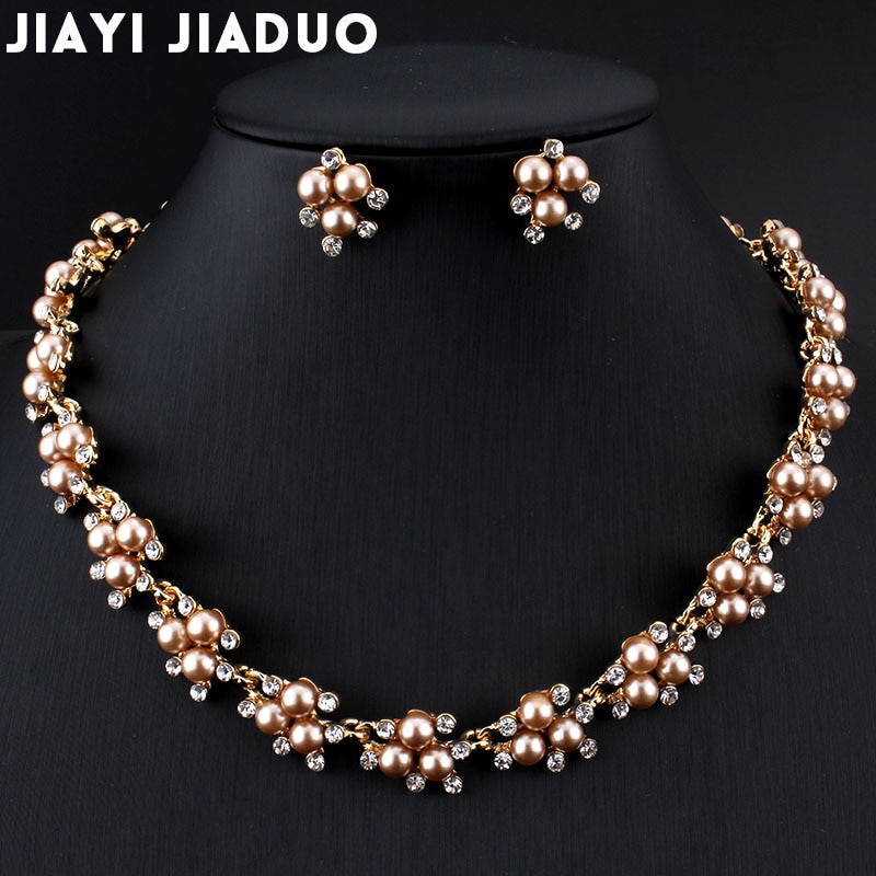 Jiayijiaduo Evening Dress Wedding Imitation Pearl Jewelry Sets Necklace Earrings for Charm Women Clothing Accessories Gold Color