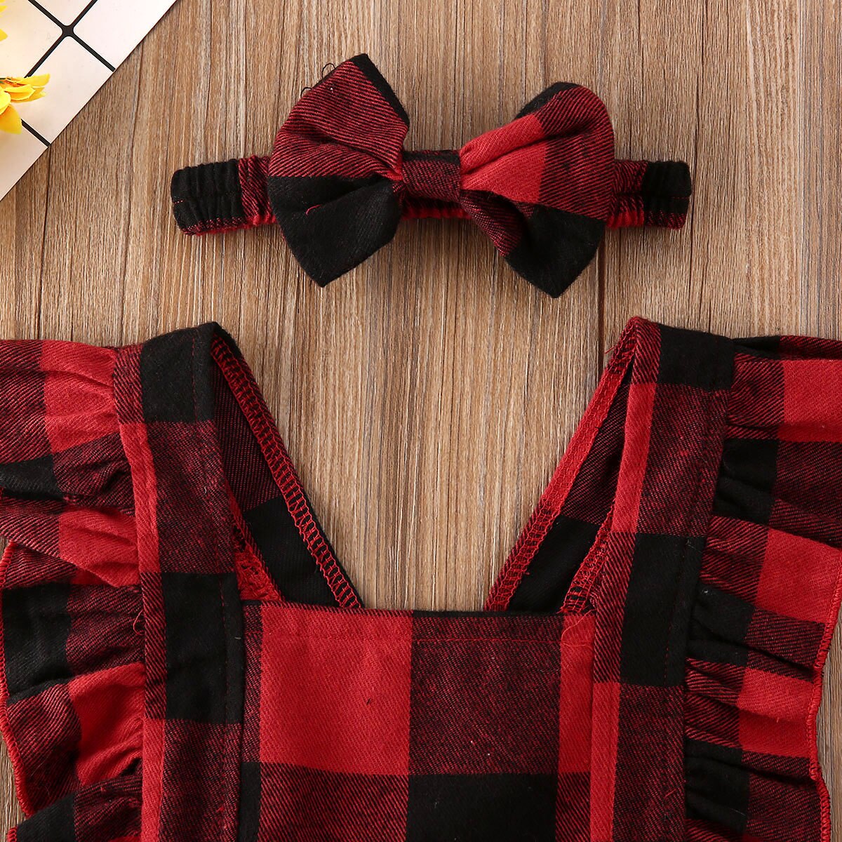 Baby Summer Clothing Newborn Baby Boy Girl Christmas Red Plaid Bodysuit Headband 2Pcs Outfit Xmas Set Ruffled Sleevless Set