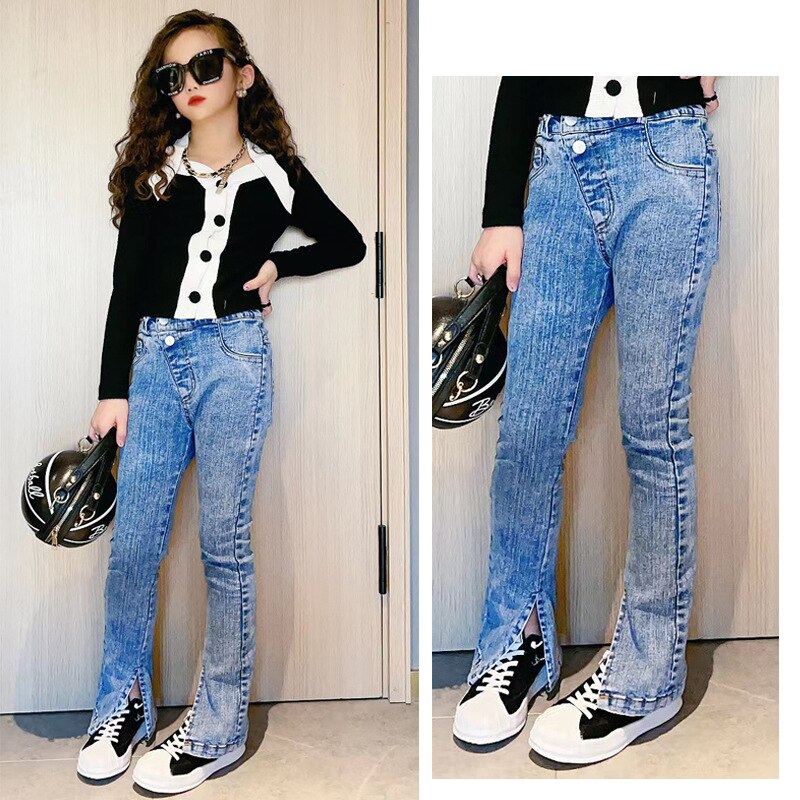 Kinderen Kleding Meisje Skinny Jeans 2022 Kids Elasticiteit Slim Fit Broek Mode Split Flared Broek Voor Tiener Kleding