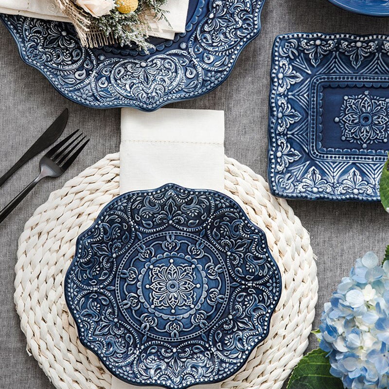 Ensemble complet de vaisselle, vaisselle créative, combinaison ménagère, assiette en céramique, Style Baroque, couverture, assiette en relief, vaisselle