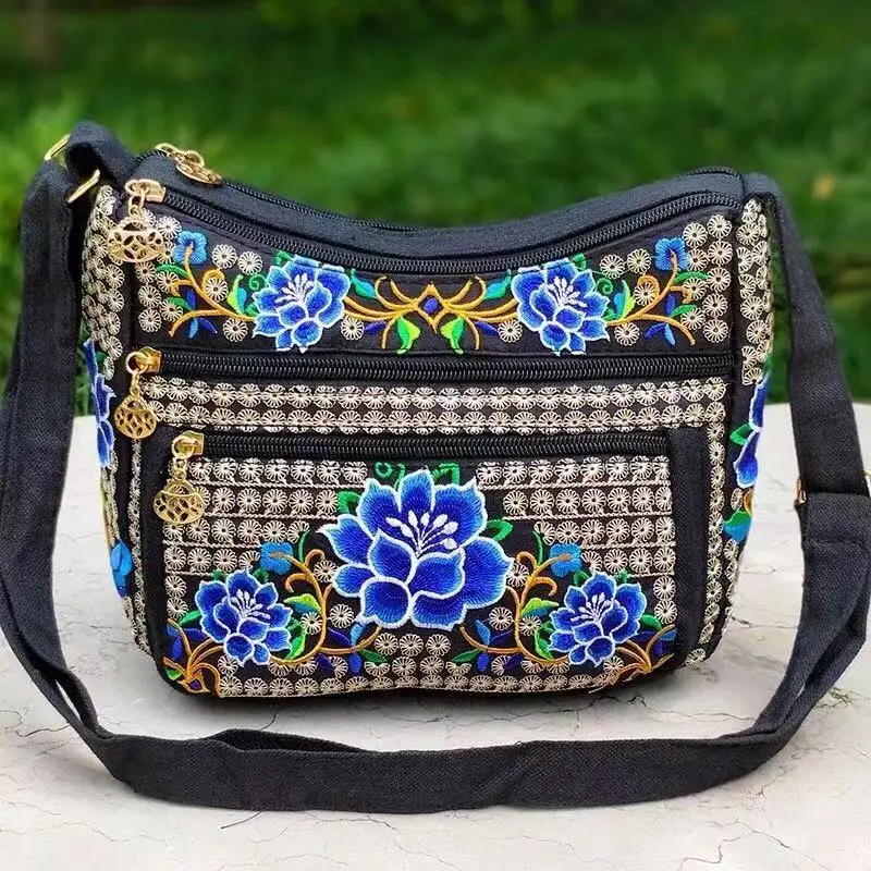 Sac de Style ethnique du Yunnan, sac à bandoulière brodé pour femmes, sacs à bandoulière entièrement brodés pour dames: Gris foncé