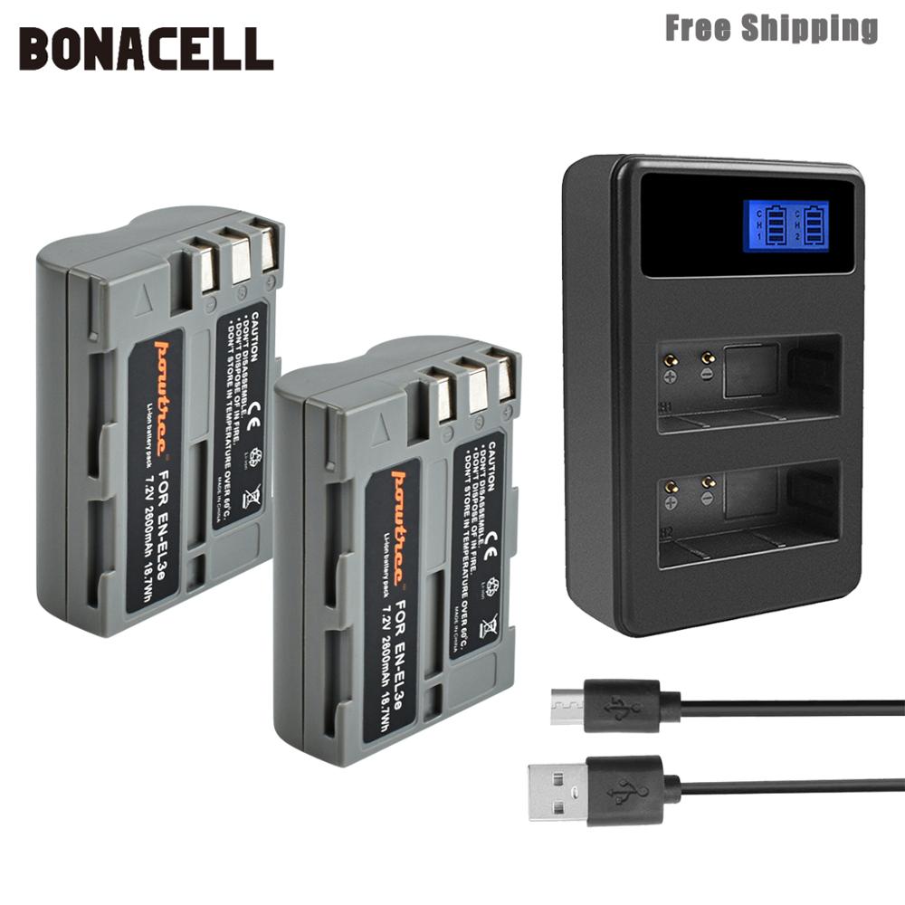 Bonacell – batterie 2600mAh EN-EL3e EN EL3e EL3a ENEL3e, avec double chargeur LCD pour Nikon D300S D300 D100 D200 D700 D70S D80 L50: 2XBatteryLCDCharger