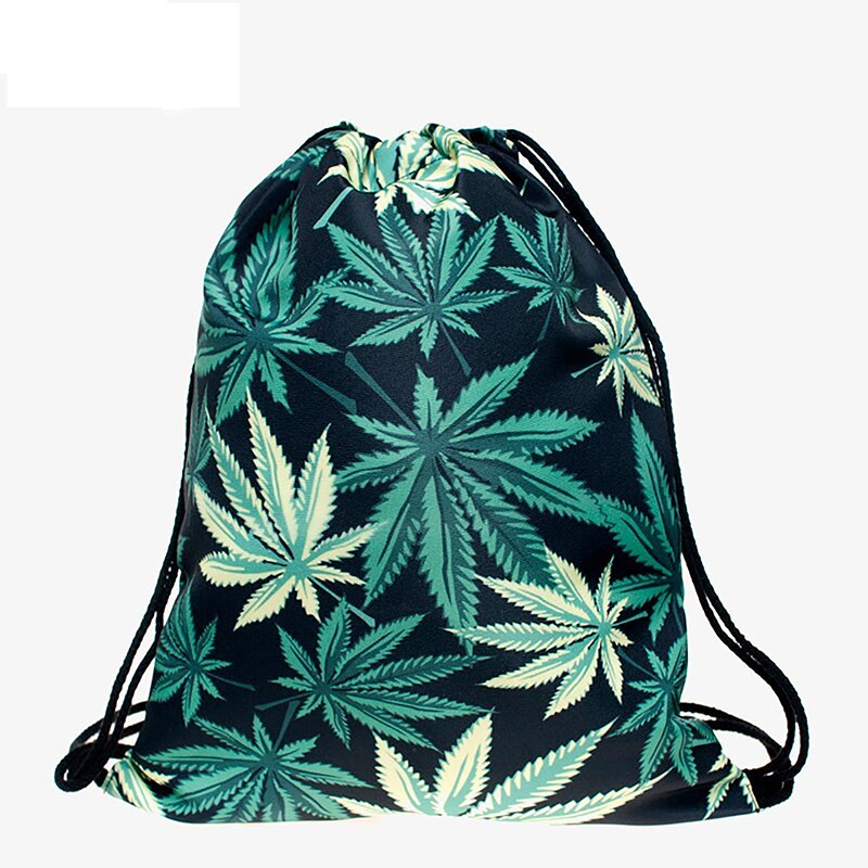 Hemp leaves backpack drawstring BAGS drawstring 3D printing softback bags Women's shoulder bag knapsack women Femtie