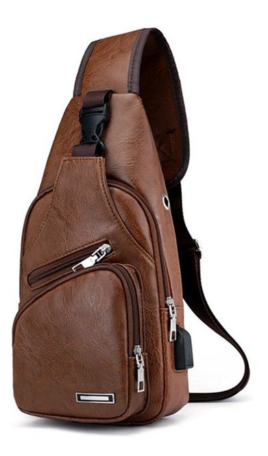 Men's USB Charging Chest Bag for Custom PU PVC Shoulder Bag Diagonal Package Messenger Travel Bag Cross Body Bags: Brown