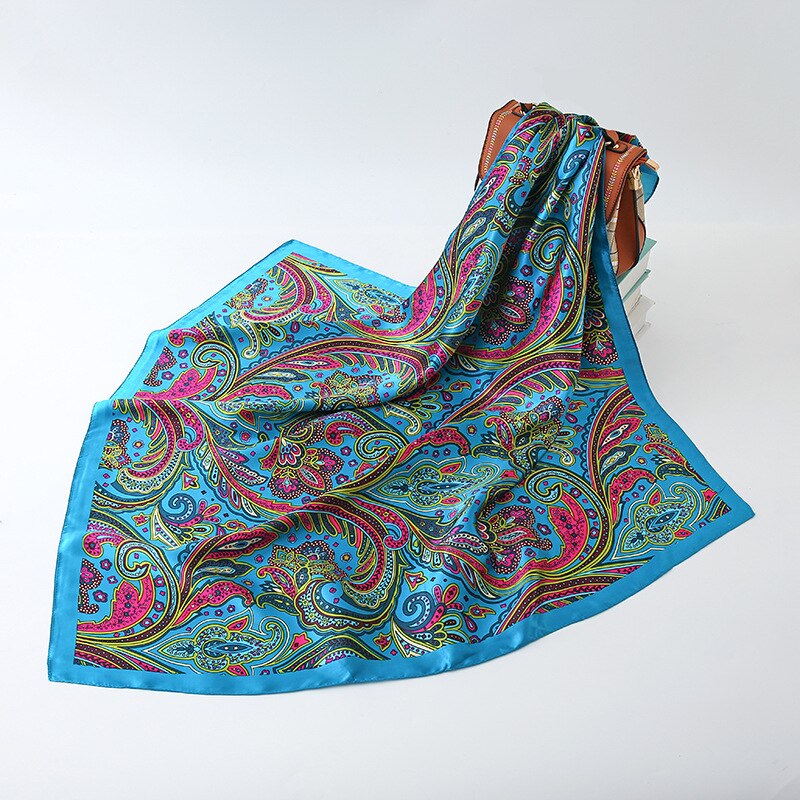 Paisley print sjaals en omslagdoeken dames haarsjaal halsdoek zijden satijnen hijab sjaals dames 90*90cm bandana hoofddoeken: Blauw