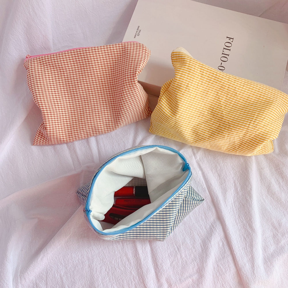Portable Large Capacity Storage Bag Women Girls Plaid Makeup Bag Cotton And Linen Cosmetic Bag With Zipper Pouch Simple