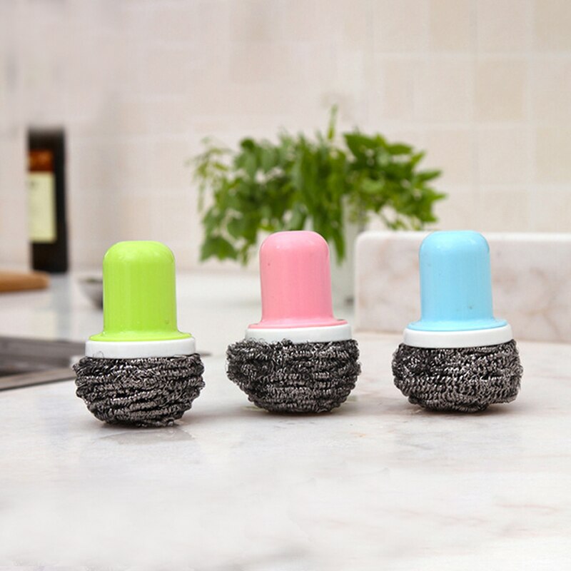 Met Handvat Keuken Schoonmaken Tool multi-color Ronde Vervangbare Handvat Staal Bal Borstel Sterke Decontaminatie Wassen Pot
