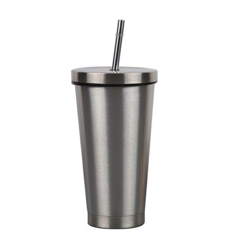 500ml Stainless Steel Coffee Mug With Lid Beer Mugs For Tea Cup Metal Cup Drink Straw Drink Straw Travel Cups for Home: silver