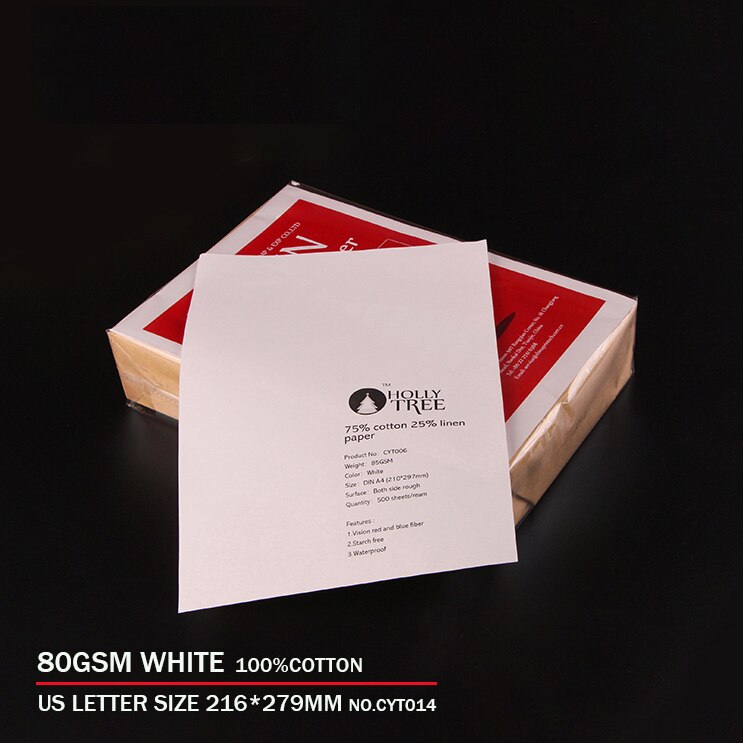 80gsm,100% baumwolle papier, knapp größe 216*279mm, Weiße farbe, stärke-freies, Wasserdicht, 100 blätter CYT015