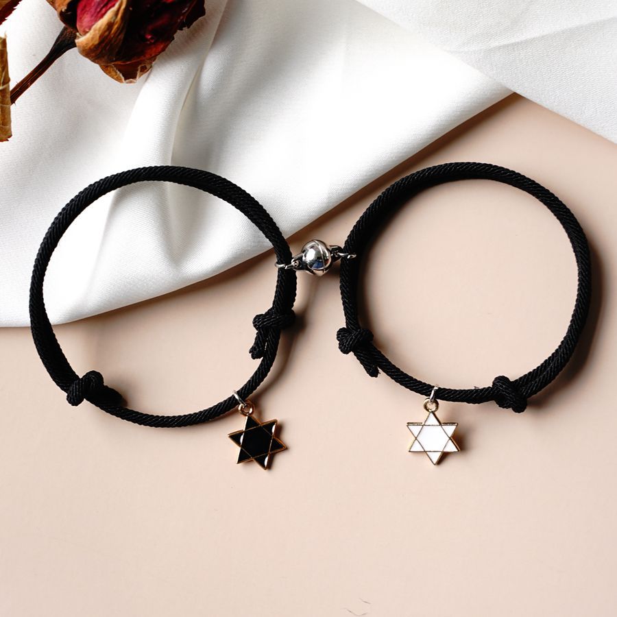 2 pçs estrela lua magnética casal pulseira conjunto para homens mulheres na moda artesanal corda corrente amizade pulseira ajustável jóias: B-B