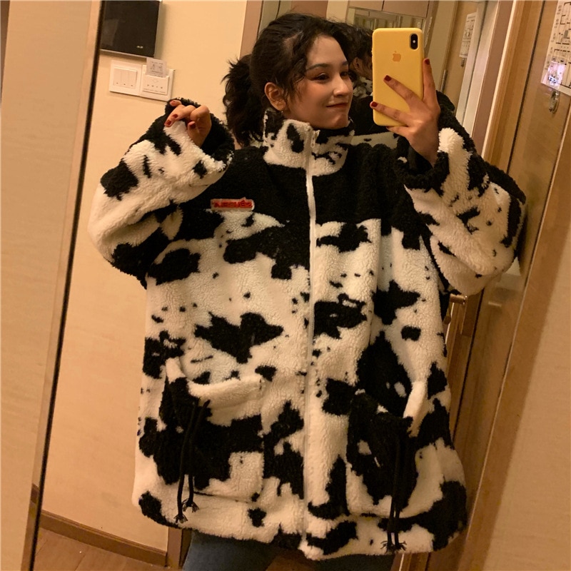 Cow Pattern Winter Padded Coat Patchwork Parka Hip Hop Jacket for Women Fleece Warm Outwear Windbreaker Streetwear Harajuku
