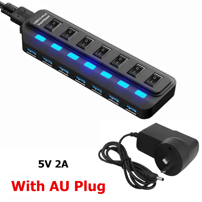 USB HUB 3.0 4 7 Poorten met Schakelaar LED Meerdere USB Splitter US/EU/AU/UK power Adapter voor Laptop PC Computer Accessoires: 7 Ports with AU Plug