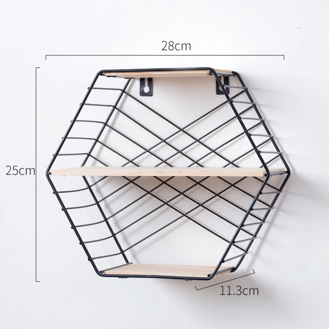 Grid Wall Mounted Hanging Home Bedroom Display Hook Flower stand Shelf Hexagonal 3 layers Iron Rack Organizer Art: A Type  Black