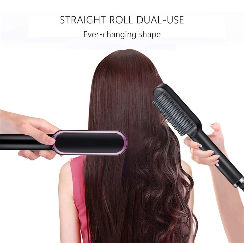 Hair Straightener Brush 2 In 1 Ionic Straightening Brush With 3 Heat Levels Fast Ceramic Heating Anti-Scald Straightening Comb