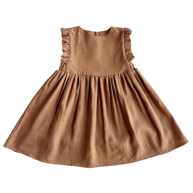 Baby Meisje Jurk 1-6Y Effen Linnen Katoen Ruche Mouw Kinderen Jurken Voor Zomer Prinses Feestjurk Peuter Meisje A-lijn Zonnejurk: Brown / 110